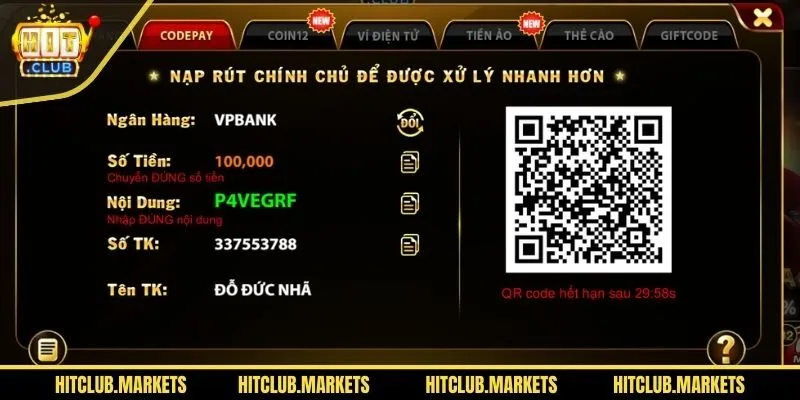 Nạp vốn cược qua mã QR Code